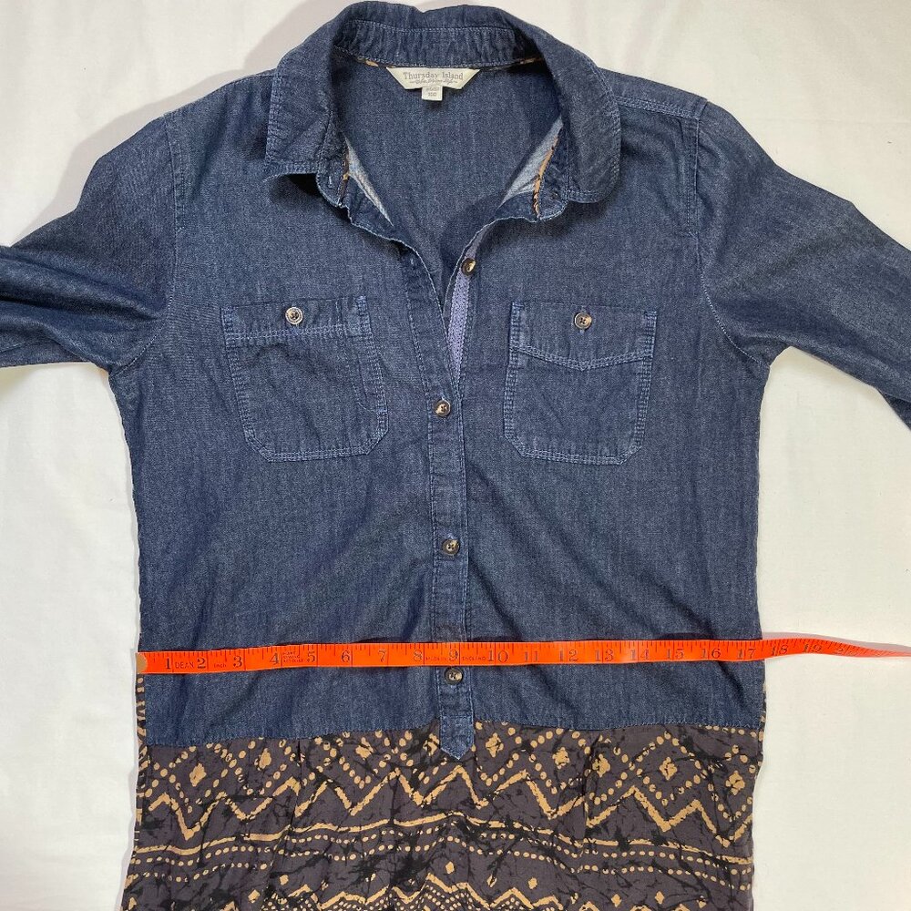 Thursday Island Denim Batik Dress Lightweight Drop Waist Rollup Sleeves Size S - Picture 10 of 15